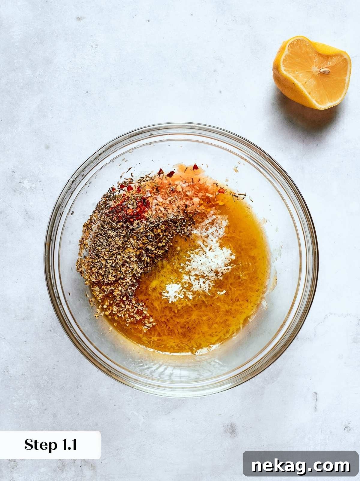 Dressing ingredients combined in a small bowl before being shaken for Tuscan kale salad.