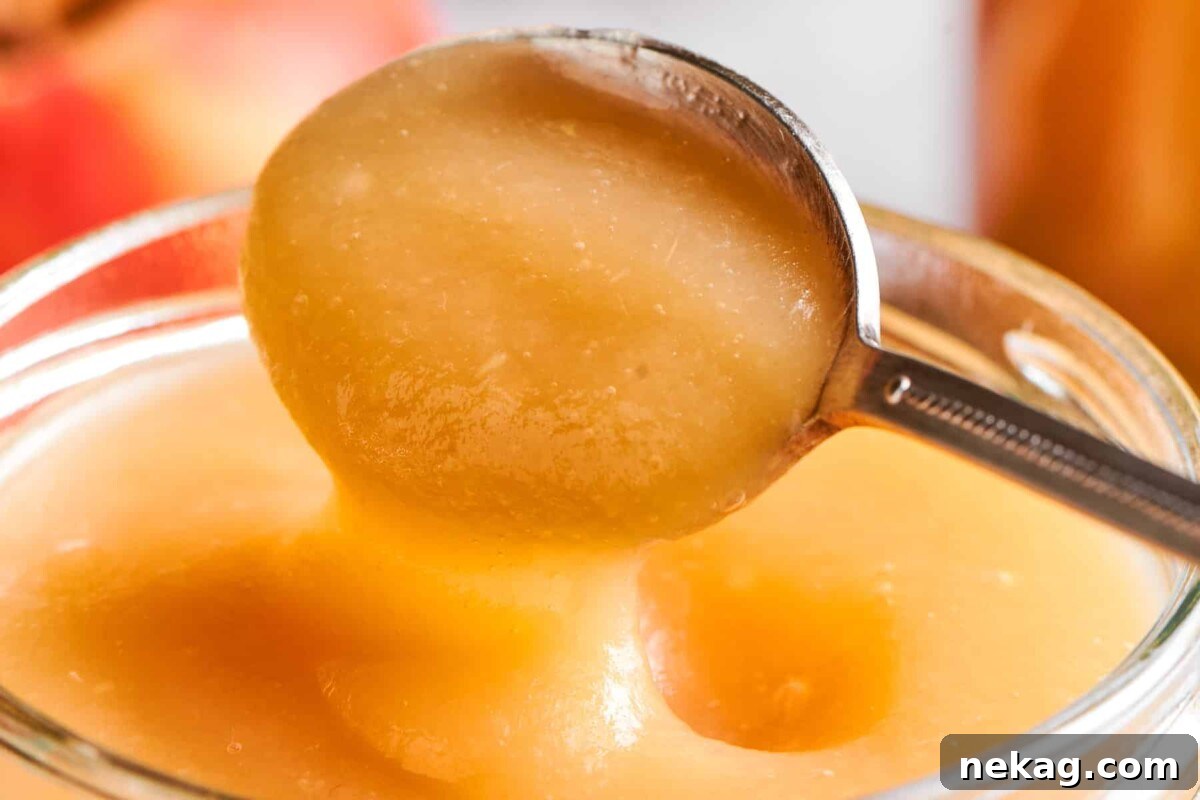Smooth applesauce drips gently off a spoon back into a jar, emphasizing its luxurious, consistent texture.