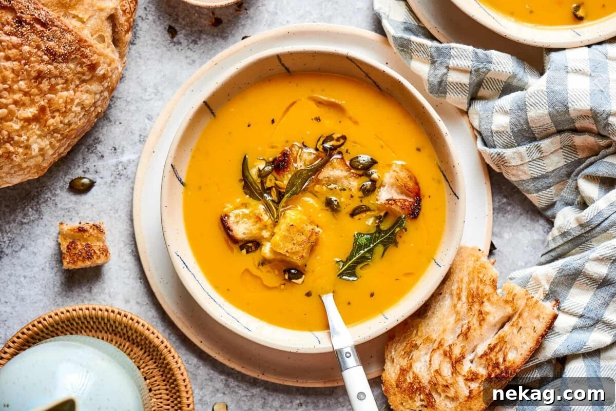 A close-up shot of a bowl of deep orange squash soup, showcasing its rich, creamy texture and vibrant color achieved through expert roasting. The focus is on the inviting warmth and smoothness of the soup.