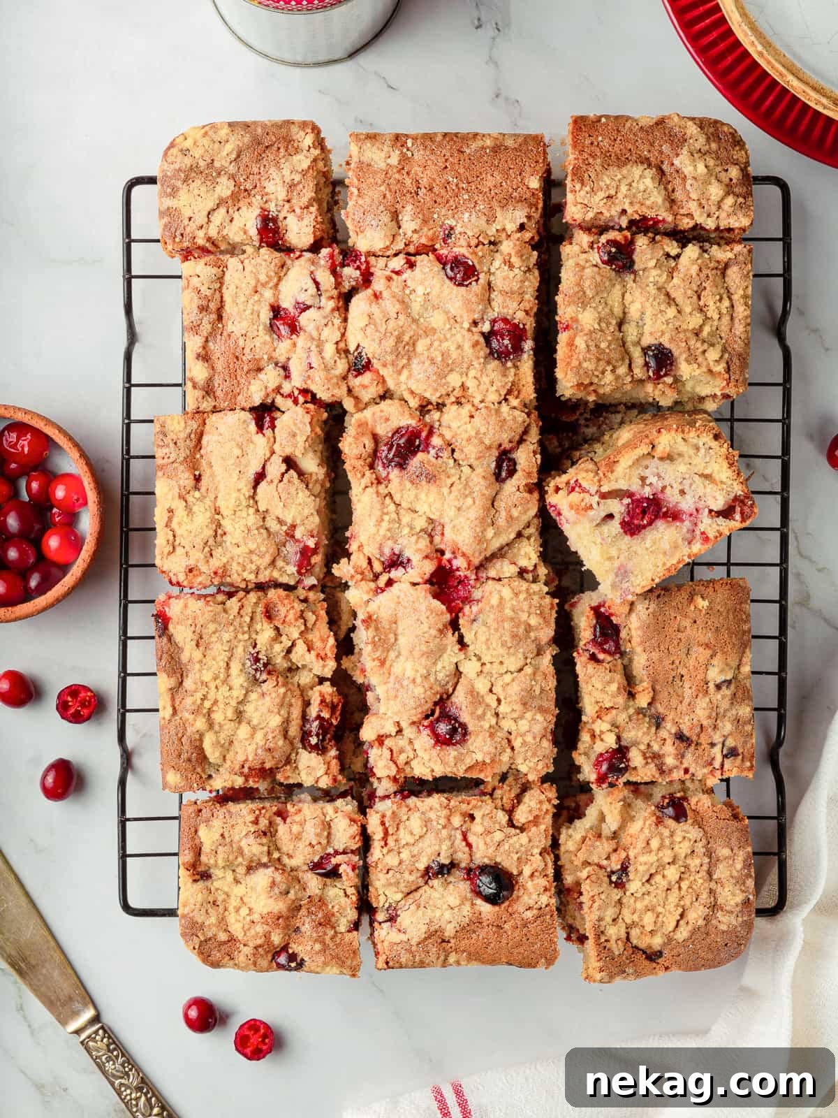 Jeweled Cranberry Cake 10 A perfectly baked cranberry cake, neatly sliced into squares, revealing abundant baked cranberries and a golden, crunchy streusel topping.