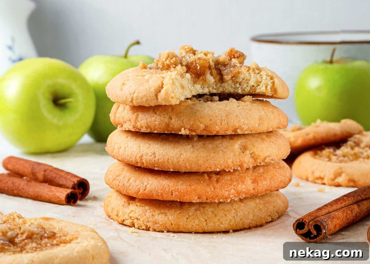 Apple Crumble Cookies 4 Baked apple pie cookies displayed beside whole green apples and cinnamon sticks for garnish.