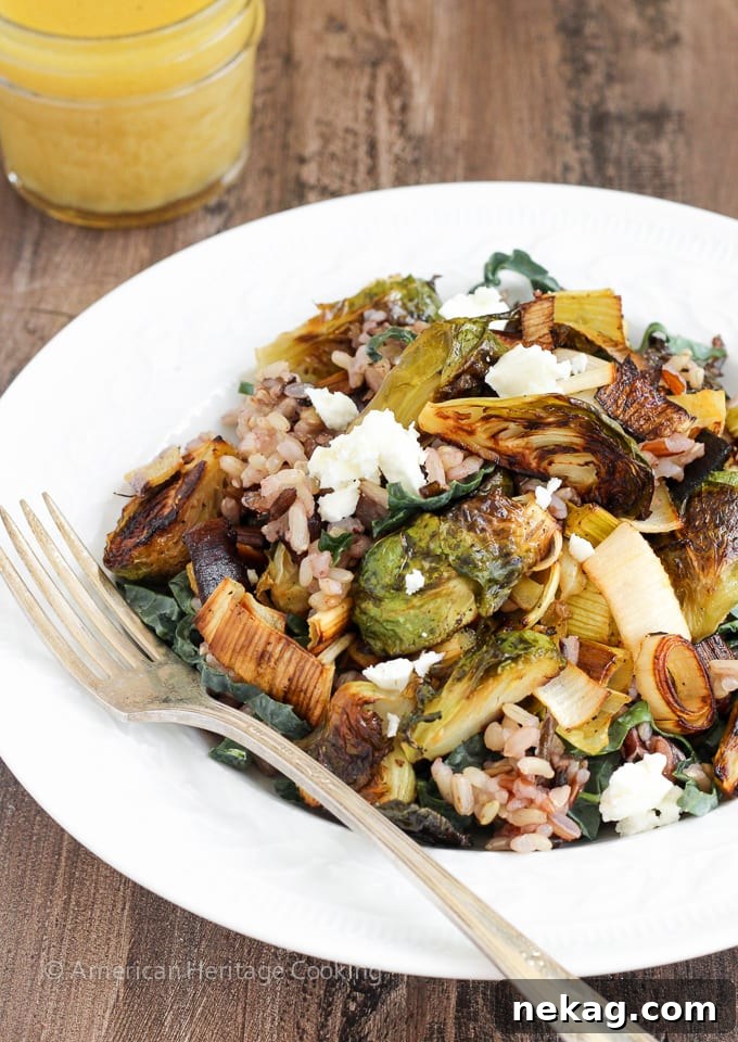 Roasted Honey Orange Brussels Sprouts Wild Rice Salad ready to be served, highlighting its freshness and vibrant colors for a healthy and filling meal.
