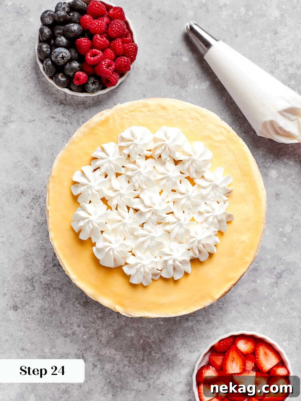Delicate Layered Crepe Dessert 16 Finished crepe cake served with berries and soft whipped cream on top.