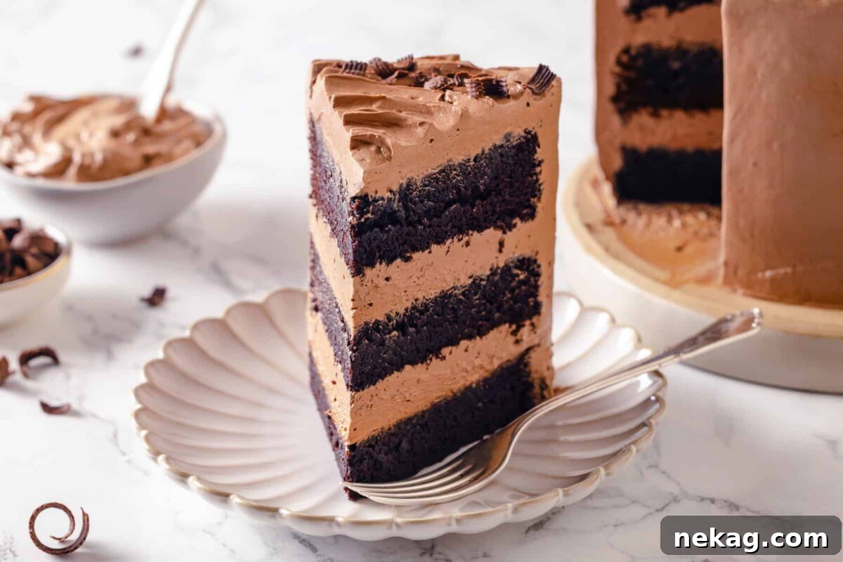 A layered chocolate cake slice displaying smooth buttercream lines from top to bottom, highlighting the frosting's perfect consistency.