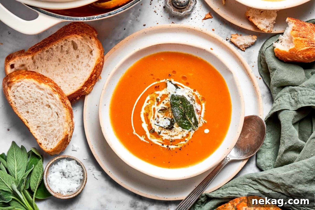 Wholesome Vegan Pumpkin Harvest Soup 5 Pumpkin soup garnished lightly with fresh herbs, served in a bowl with crusty bread and a spoon beside it.
