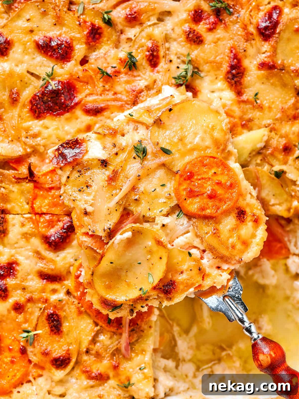 Scalloped potatoes with shallots, herbs, and melted cheese tucked between tender layers.