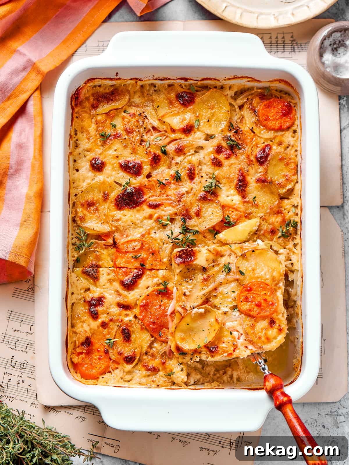 Single slice of scalloped potatoes lifted from the dish showing layered texture.