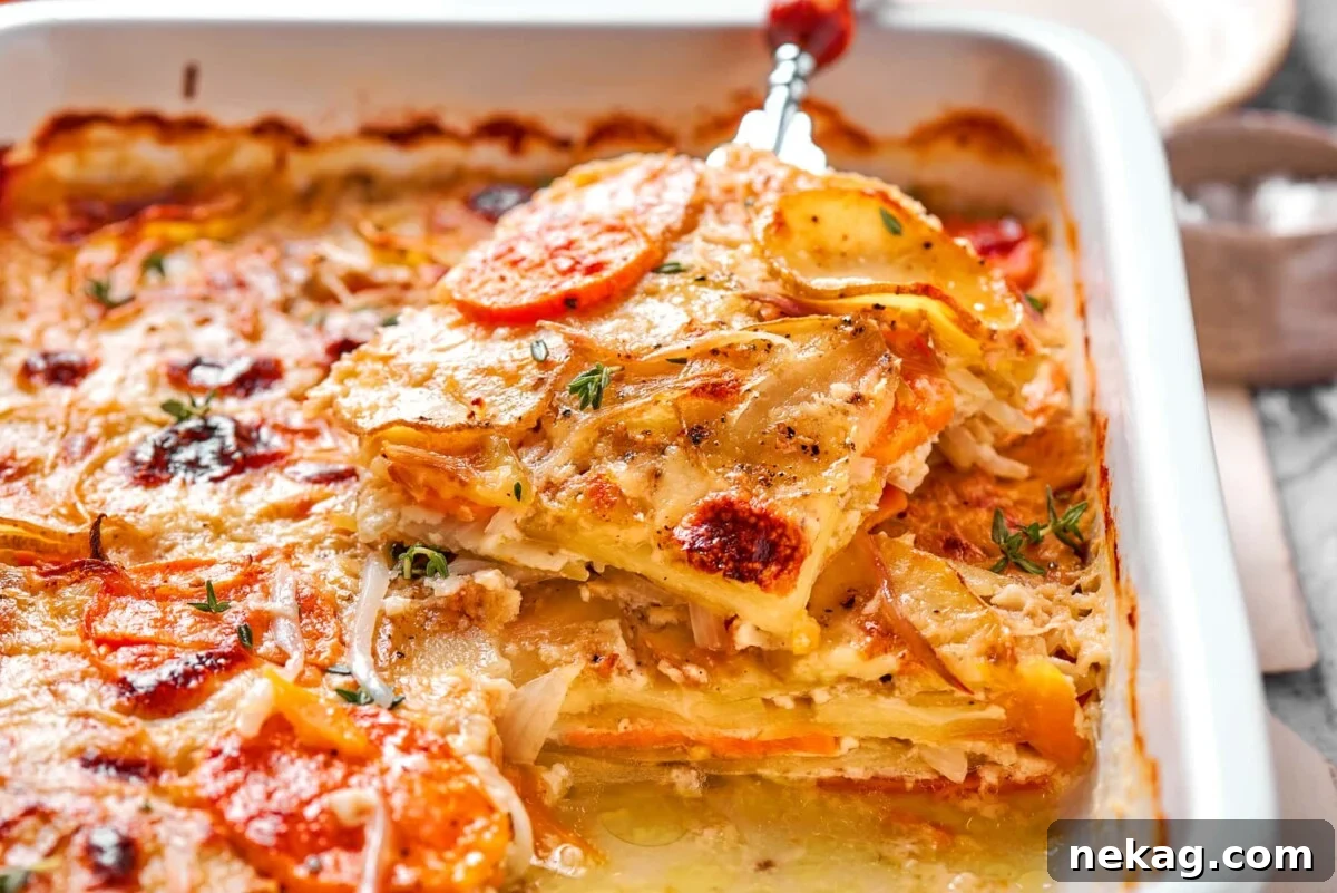 Melty cheese pooled between layers of baked scalloped potatoes fresh from the oven.