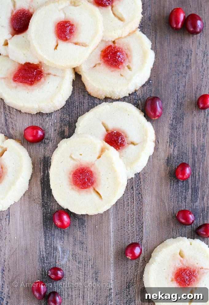 Yuletide Jammy Treasures 2 Buttery shortbread Cranberry Thumbprint Cookies filled with Moscato cranberry jam, baked to tender perfection for the holidays.