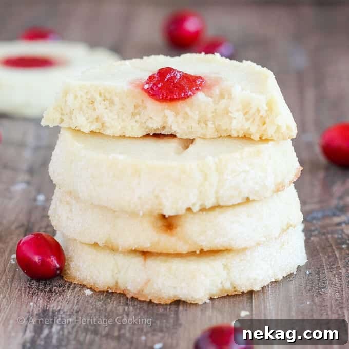 Yuletide Jammy Treasures 5 Close-up of a Cranberry Thumbprint Cookie showing its rich, buttery texture and sweet sugar coating.