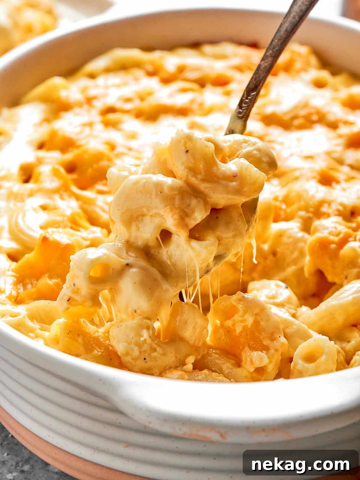 Ultimate Baked Mac and Cheese 2 A deep casserole dish brimming with golden, bubbling, creamy baked mac and cheese, ready to be served.