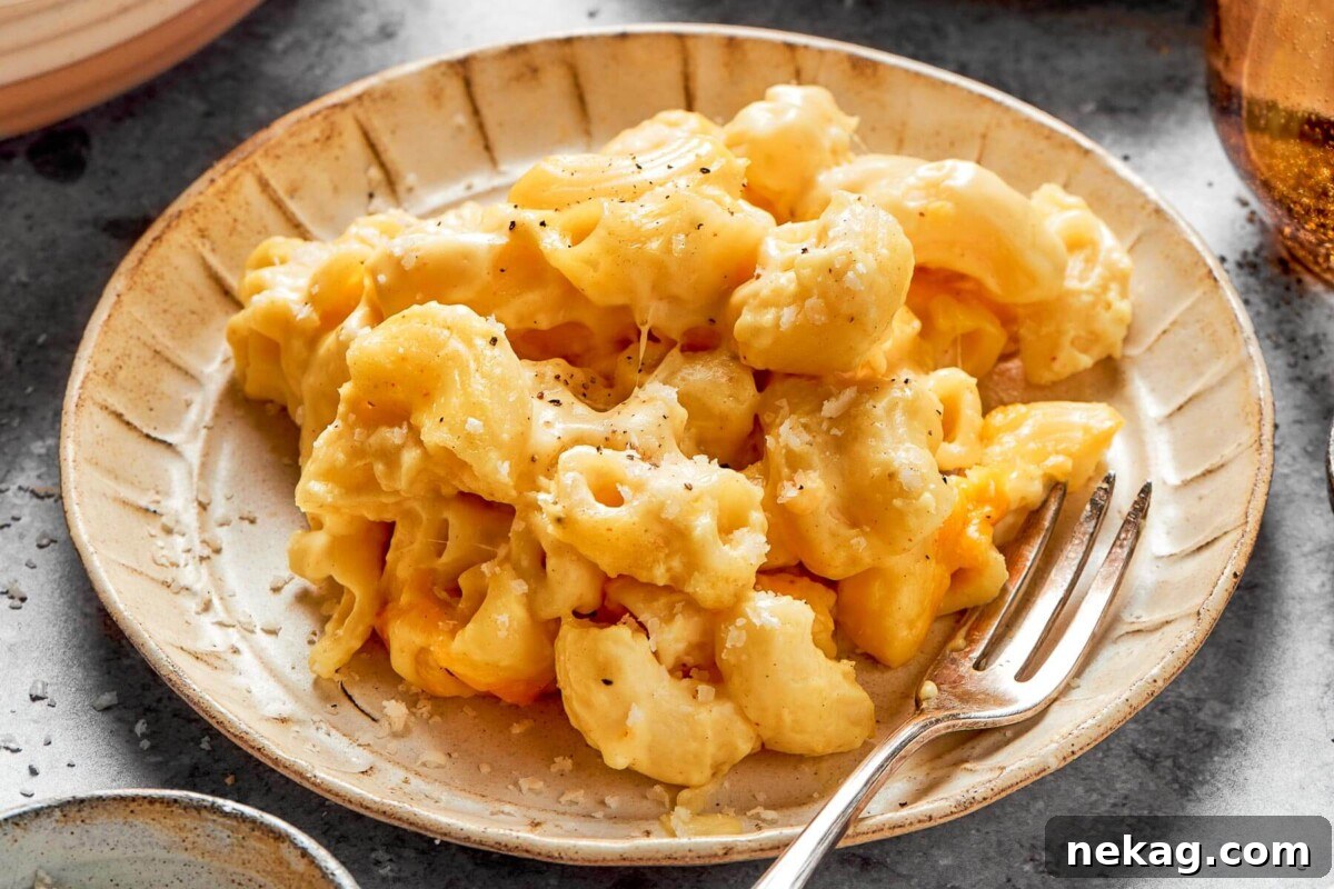 Ultimate Baked Mac and Cheese 3 A large serving spoon scooping a generous portion of creamy, baked mac and cheese directly from a casserole dish, highlighting its gooey texture.