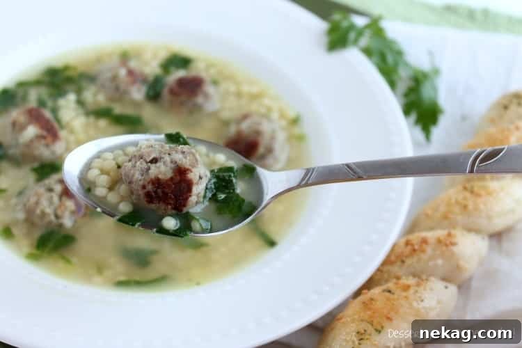 Grandma's Italian Wedding Soup 3 Close-up of Italian Wedding Soup broth and pasta