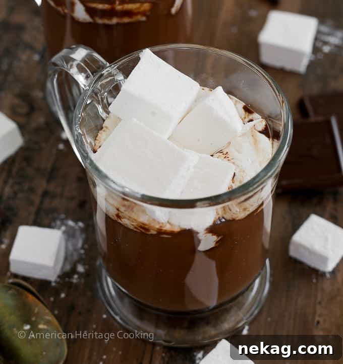 A mug of hot chocolate topped with a large, fluffy homemade marshmallow, melting gently.