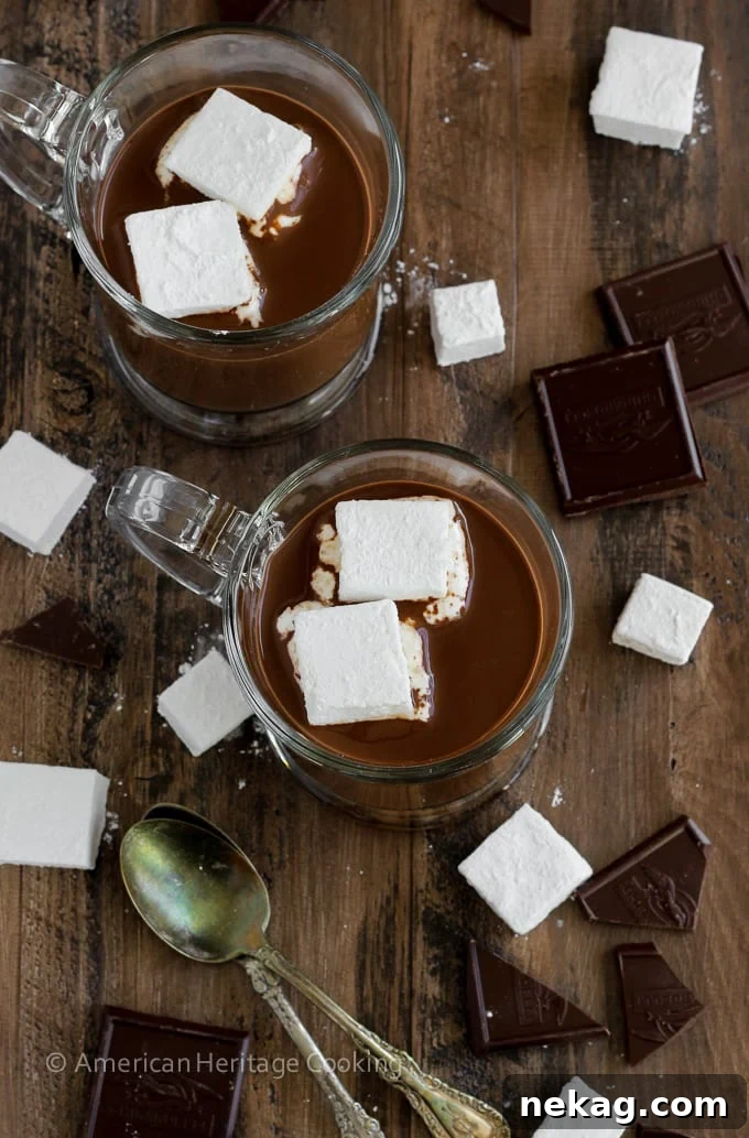 Overhead shot of two mugs of hot chocolate with marshmallows, creating a cozy scene.