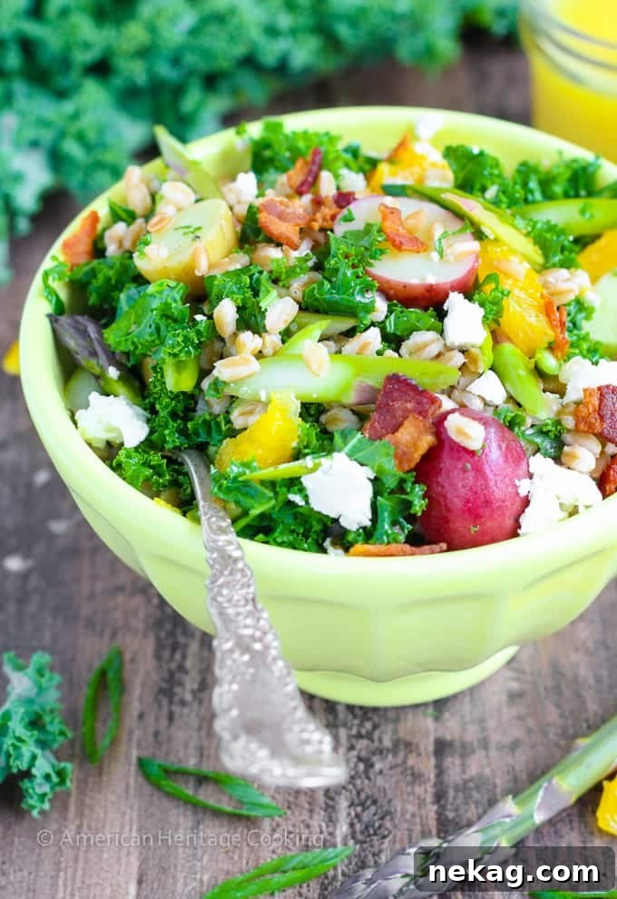 Orange-Kissed Asparagus Farro Salad for Spring 5 Freshly drizzled bright orange vinaigrette over the vibrant Asparagus Orange Farro Salad, enhancing its appeal.