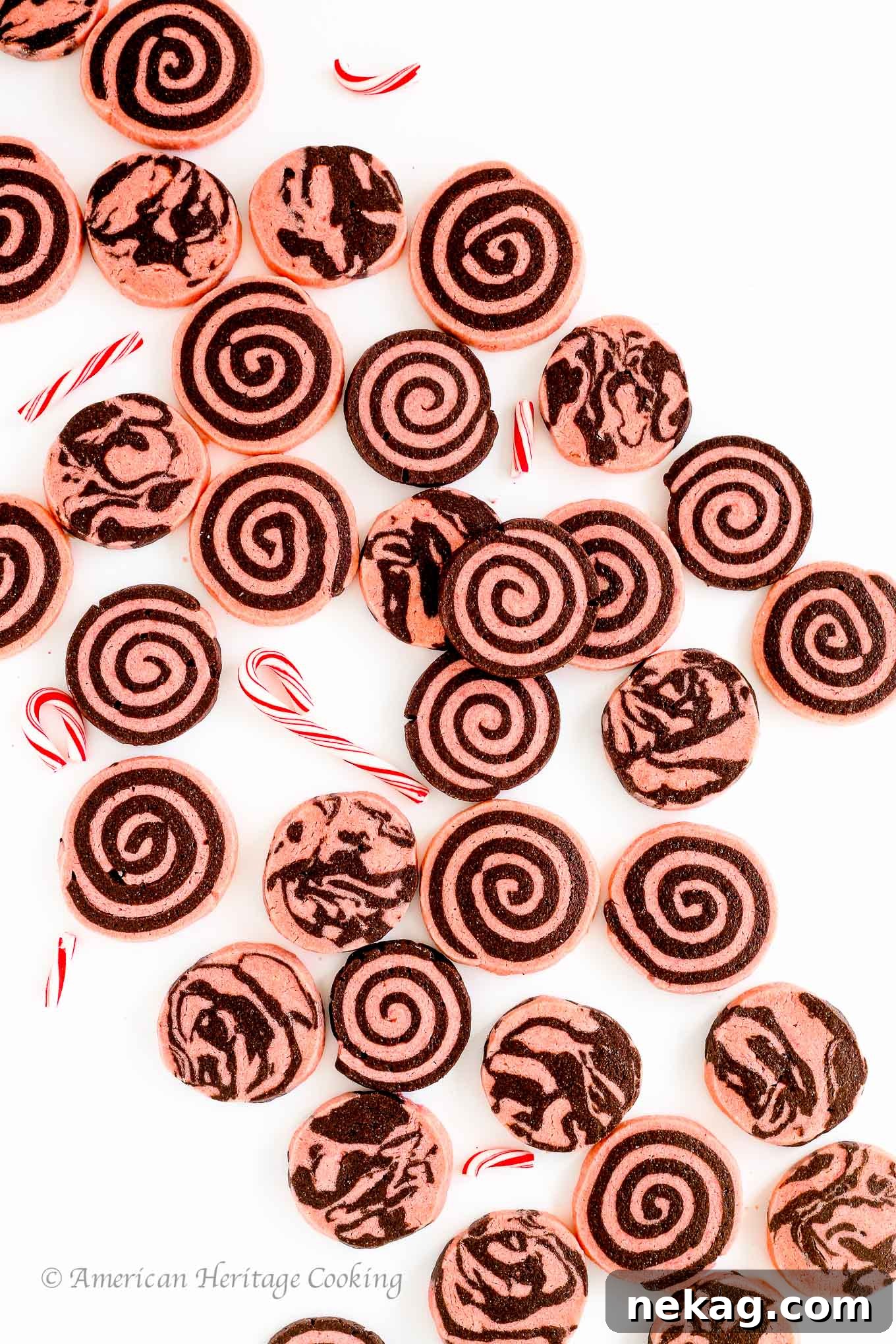 Swirled Chocolate Peppermint Sugar Cookies on a white background, perfect for Christmas dessert tables.