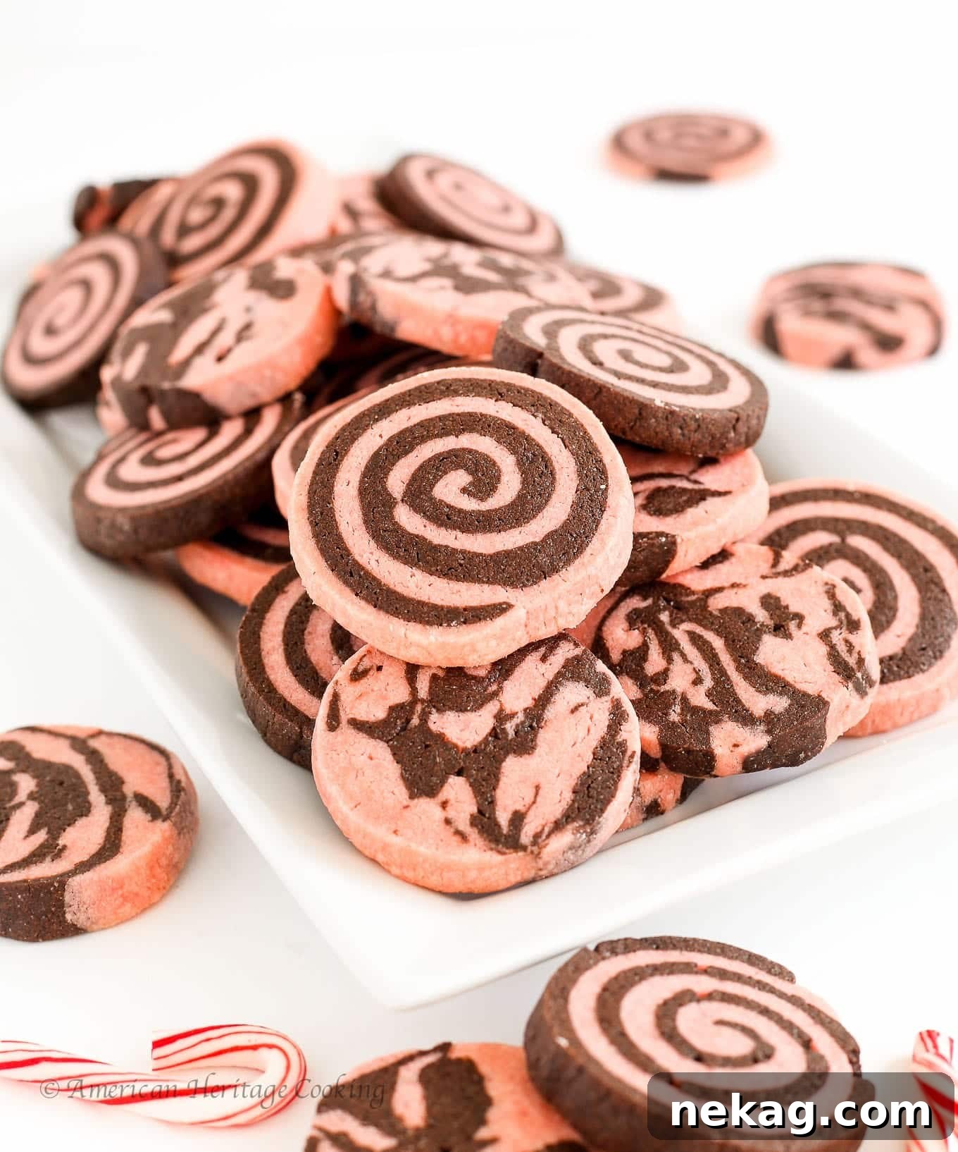 Vibrant peppermint and deep chocolate cookie dough swirled together before baking.