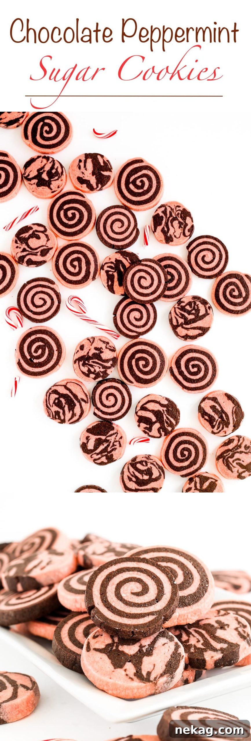 Seven Chocolate Peppermint Sugar Cookies with mini candy canes, arranged on a rustic wooden board.