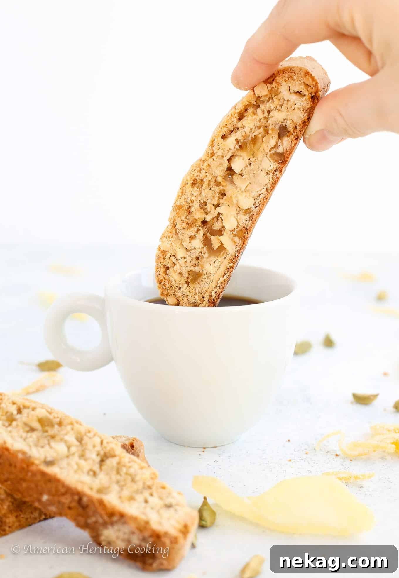 Ginger Orange Almond Biscotti arranged on a plate.