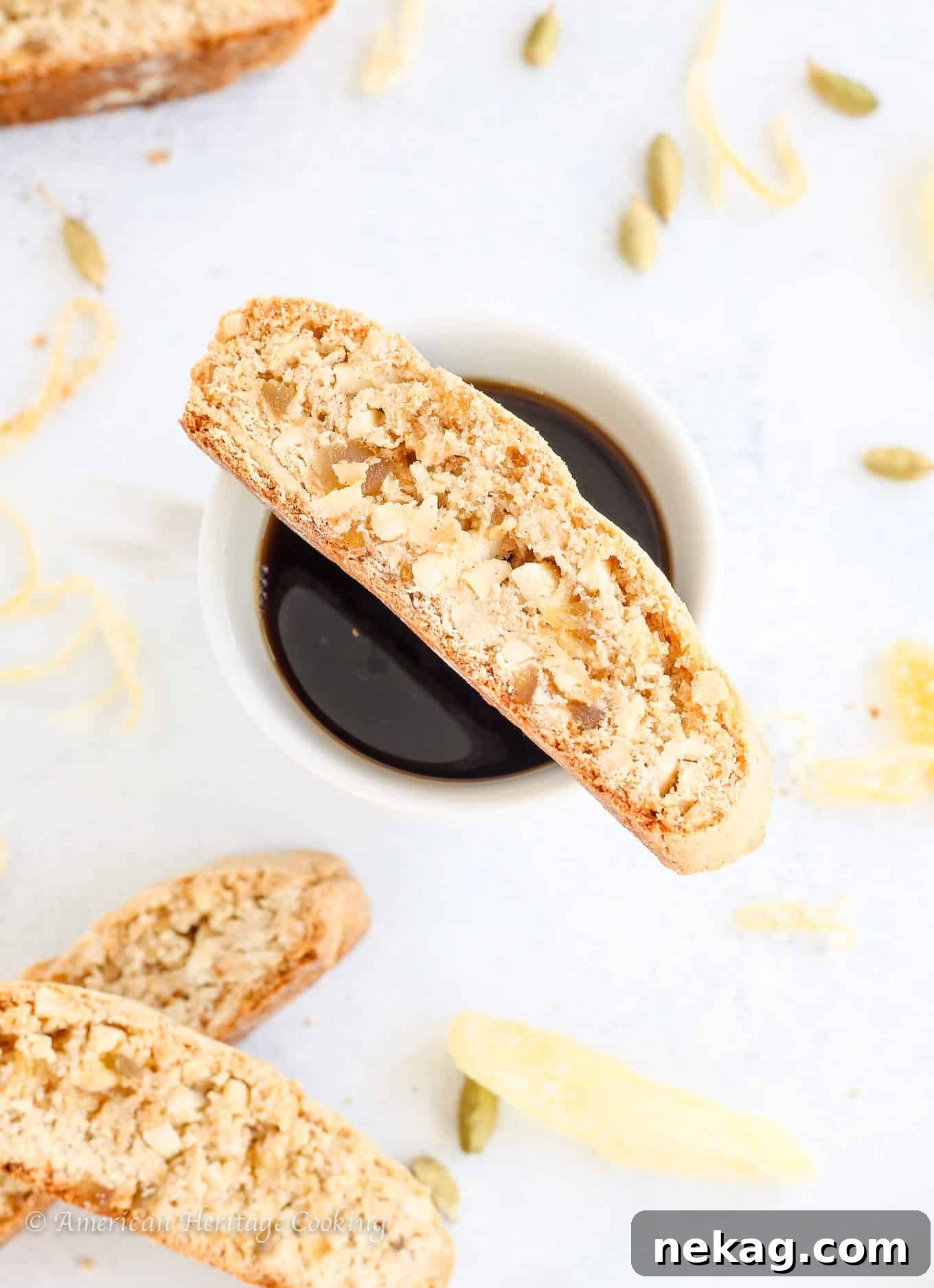 Close-up shot of crispy Ginger Orange Almond Biscotti.