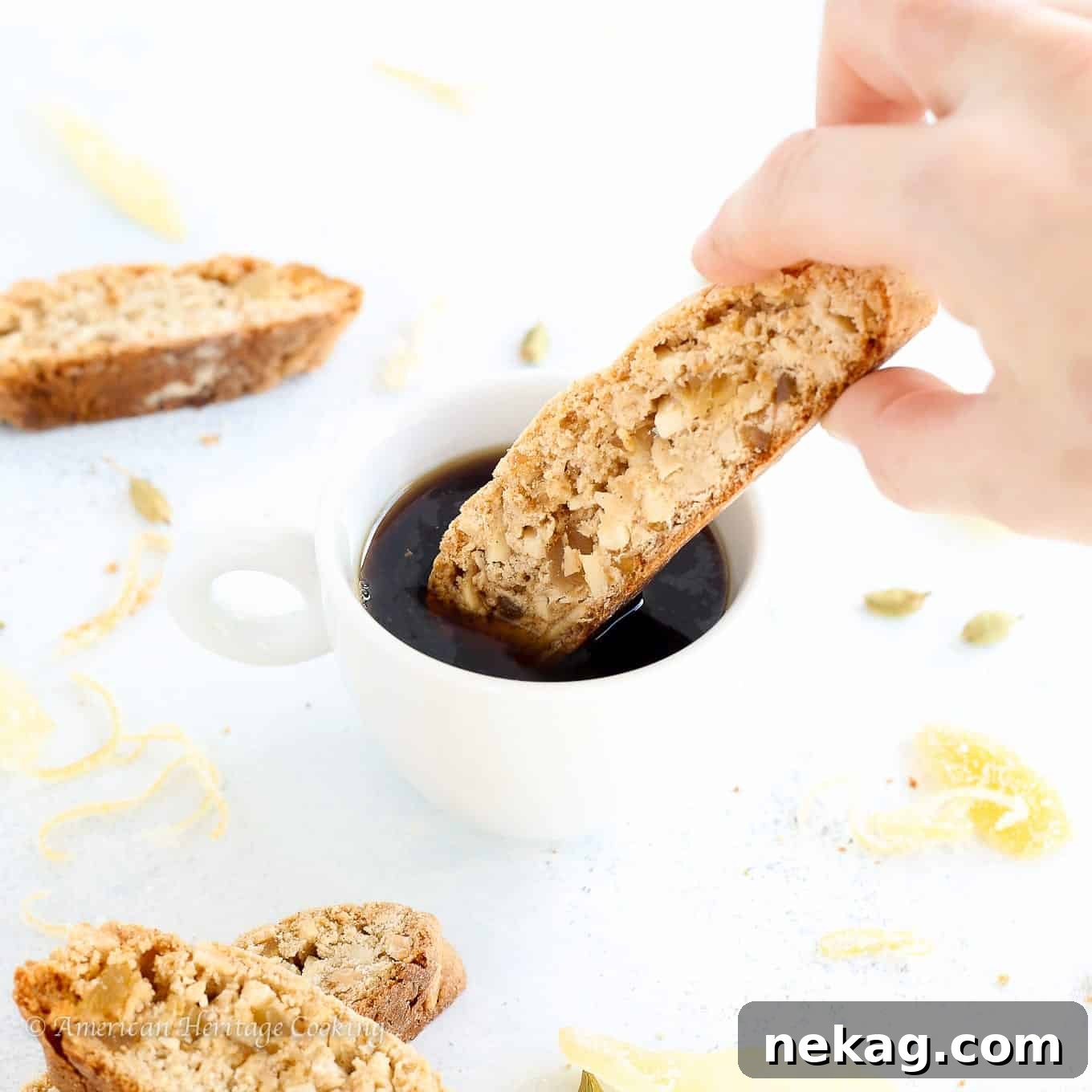 Pile of Ginger Orange Almond Biscotti with whole almonds.