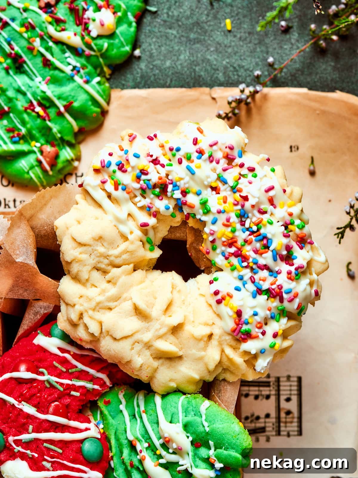 A beautifully baked spritz cookie shaped like a wreath, generously coated with colorful, festive sugar sprinkles, ready for display.
