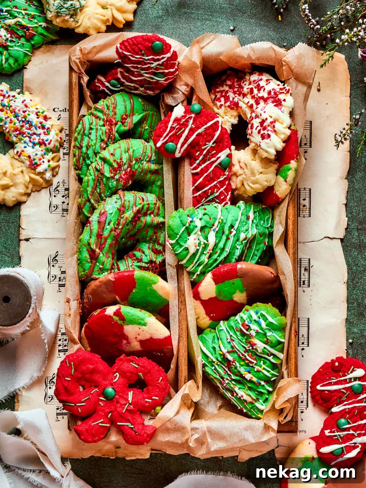 Beautifully arranged boxes filled with a vibrant assortment of colorful spritz cookies, perfect for thoughtful holiday gifting or sharing.