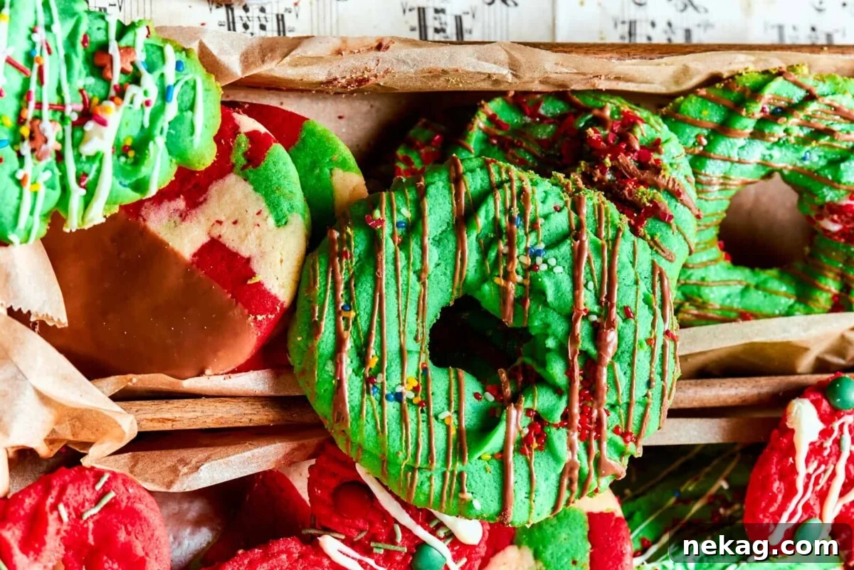 An assortment of festive spritz cookies in red, green, and natural vanilla shades, beautifully arranged for a holiday spread.