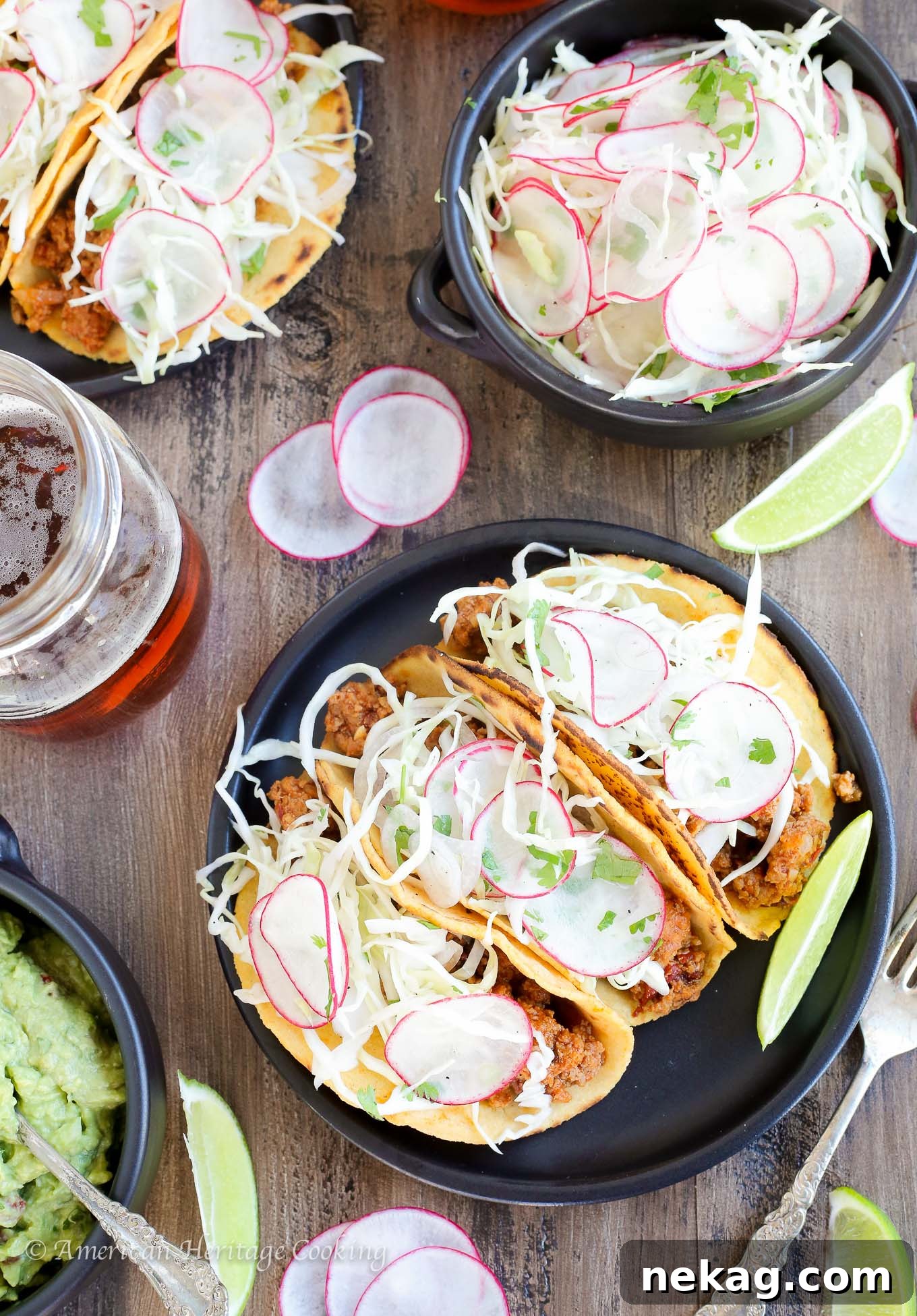 Smoky Chorizo Tacos with Chipotle Kick 5 Overhead view of multiple Chipotle Chorizo Tacos, showcasing the sweet potato tortillas, flavorful filling, and colorful mezcal lime slaw.