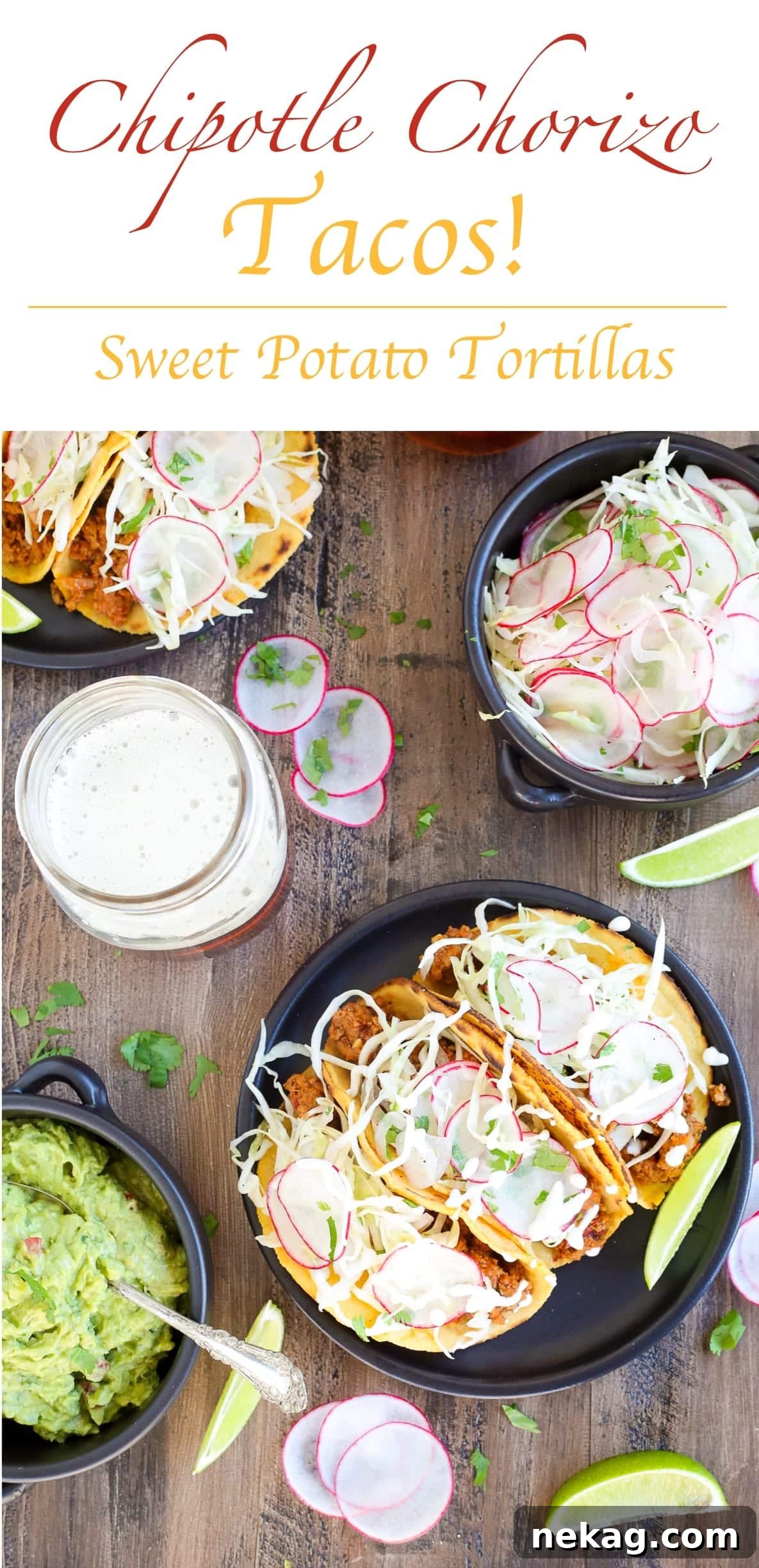 Smoky Chorizo Tacos with Chipotle Kick 7 Chipotle Chorizo Tacos with sweet potato tortillas and mezcal lime slaw, a delicious and complex taco recipe.