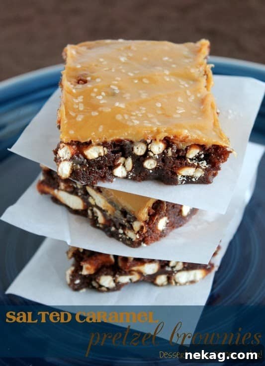 Salted Caramel Pretzel Brownies with a rich, gooey caramel layer and crunchy pretzels