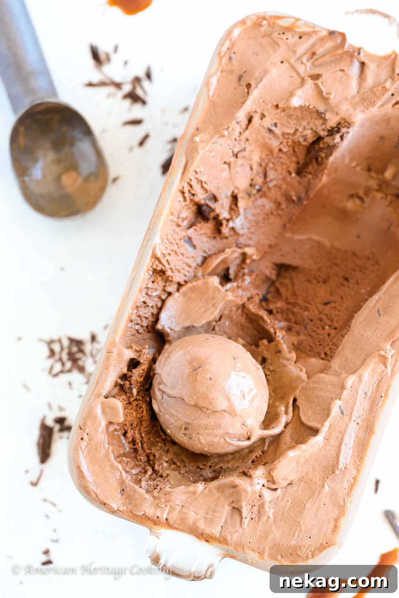 Smooth, creamy Double Chocolate Caramel Ice Cream base in a bowl, showing its rich brown color before churning.