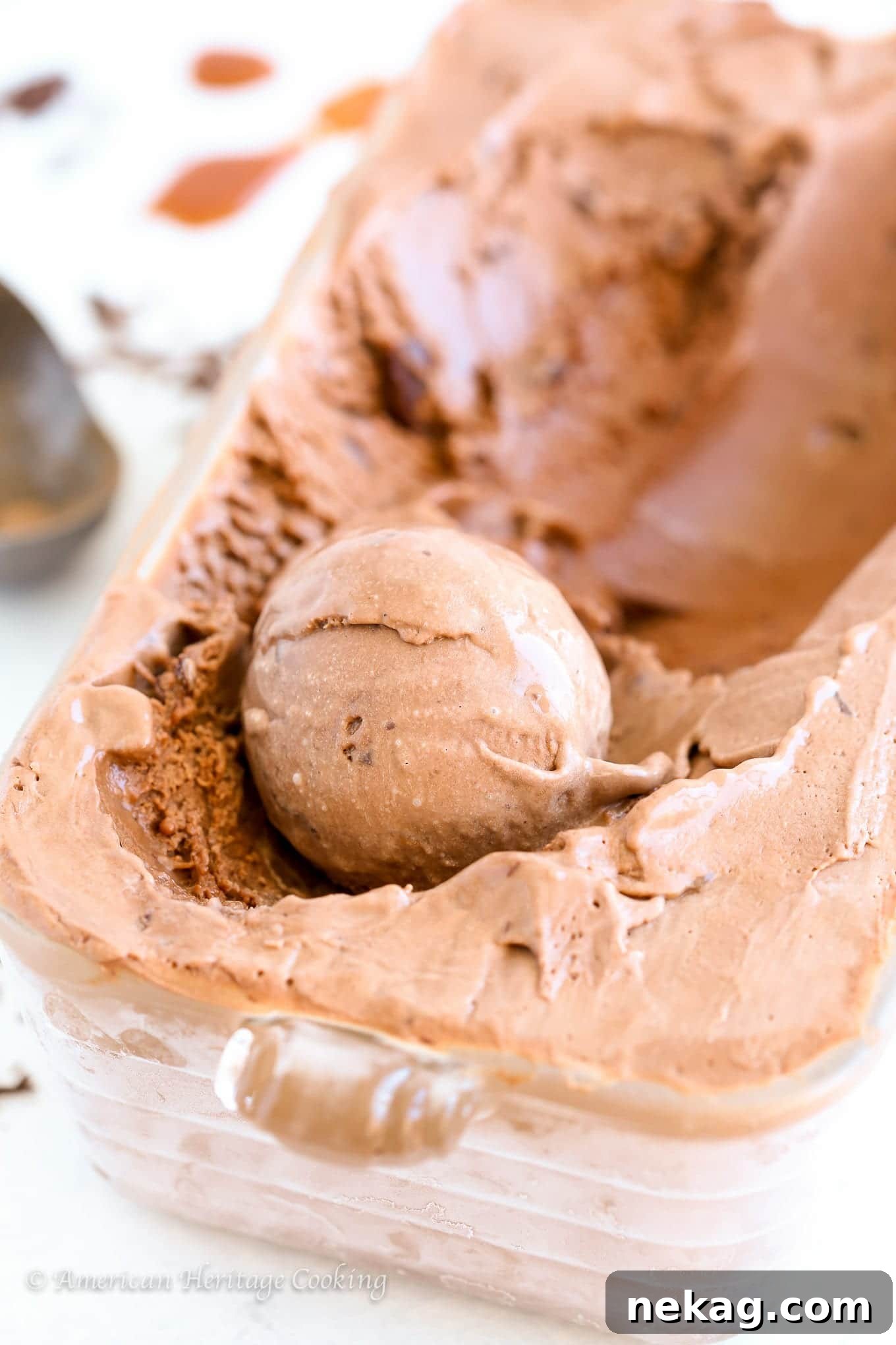 The ultimate Double Chocolate Caramel Ice Cream, glistening with caramel and ready to be enjoyed.