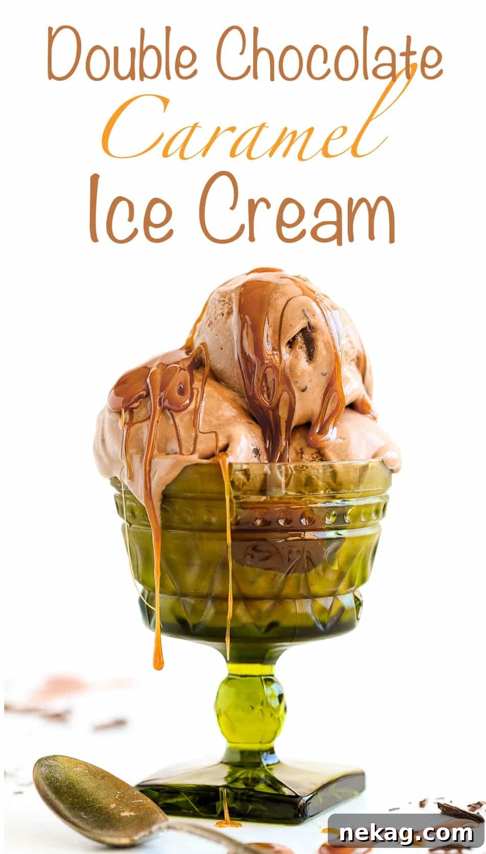 A large container of freshly churned Double Chocolate Caramel Ice Cream with visible swirls and chocolate chunks.