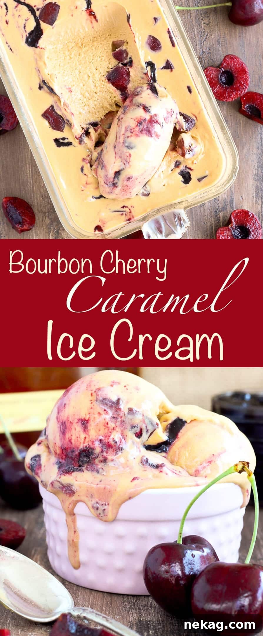 This Bourbon Cherry Caramel Ice Cream is a smooth, rich caramel ice cream with a homemade cherry jam swirl and Bourbon soaked cherries! 