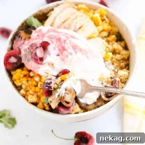 Cherry Burrata Millet Grain Bowl, a vibrant and healthy summer meal.