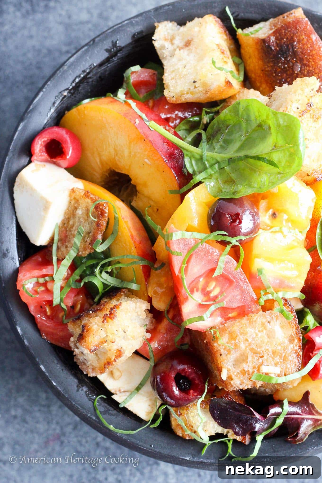 Orchard Caprese Panzanella 2 A vibrant Stone Fruit Caprese Panzanella Salad overflowing with fresh summer peaches, tomatoes, and basil.