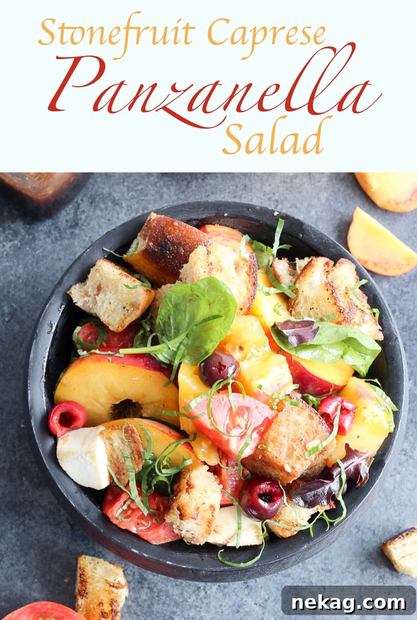 Orchard Caprese Panzanella 6 An inviting overhead shot of the complete Stone Fruit Caprese Panzanella Salad, beautifully arranged in a bowl, ready to be enjoyed.