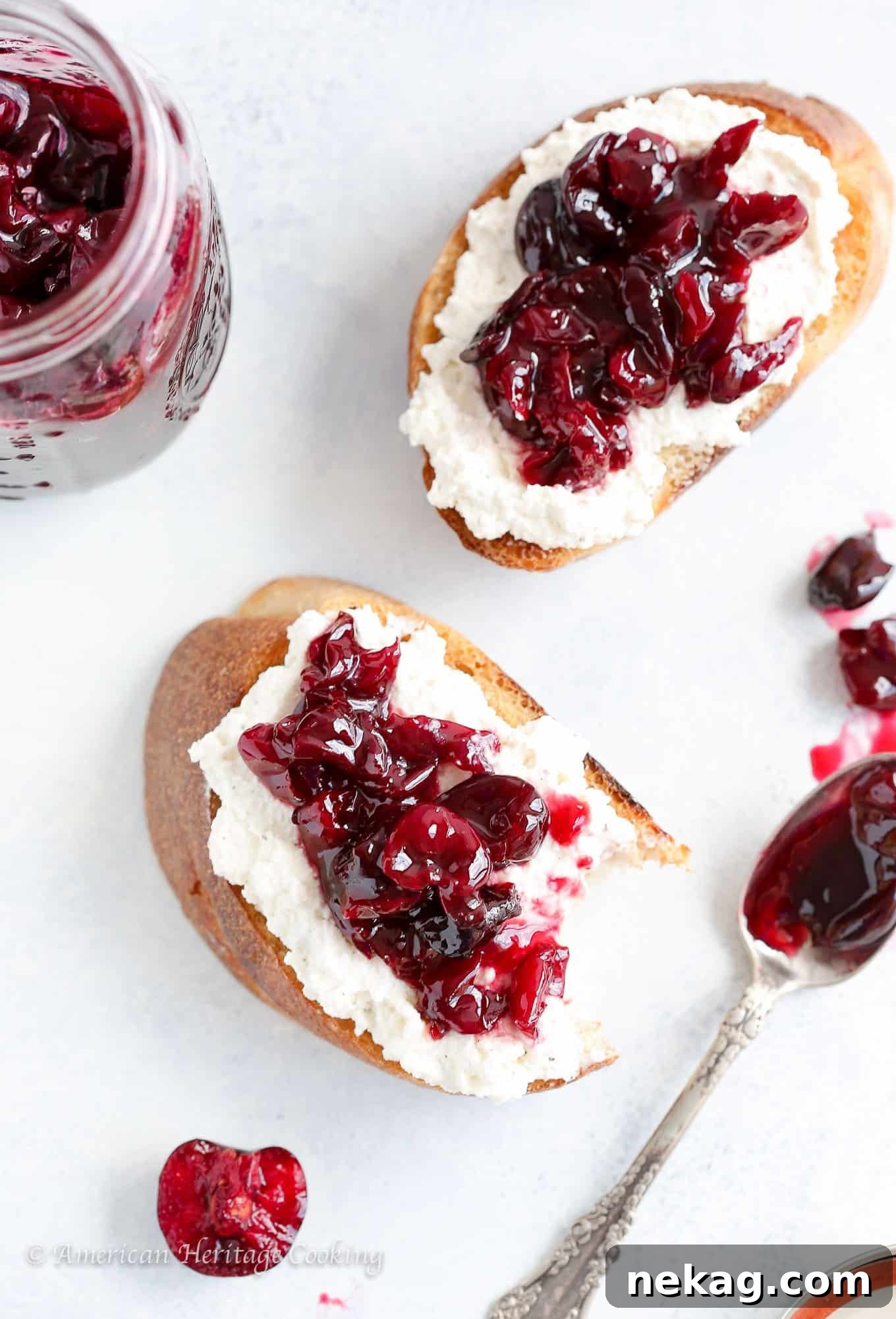 Effortless Homemade Cherry Preserves 3 Black pepper honey ricotta toast topped with cherry preserves, served for an easy snack or breakfast.