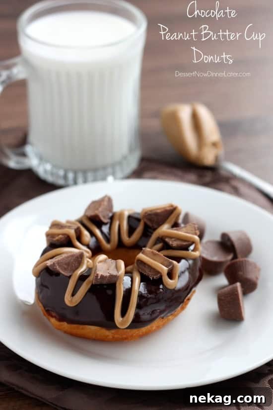 Decadent Chocolate Peanut Butter Cup Donuts with glossy ganache and peanut butter drizzle.