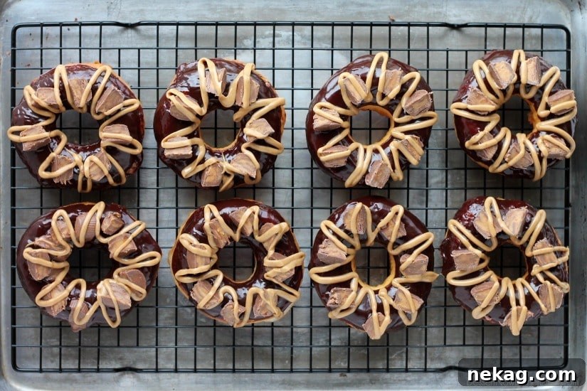 Close-up of a homemade Chocolate Peanut Butter Cup Donut, showcasing the texture and toppings.