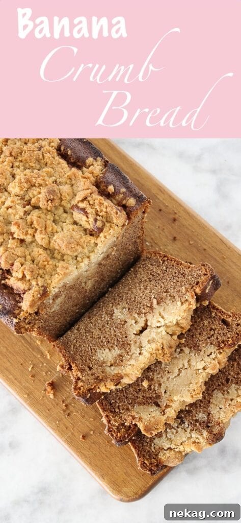 Stacked slices of cinnamon banana crumb bread on a white plate, showcasing the thick streusel topping.