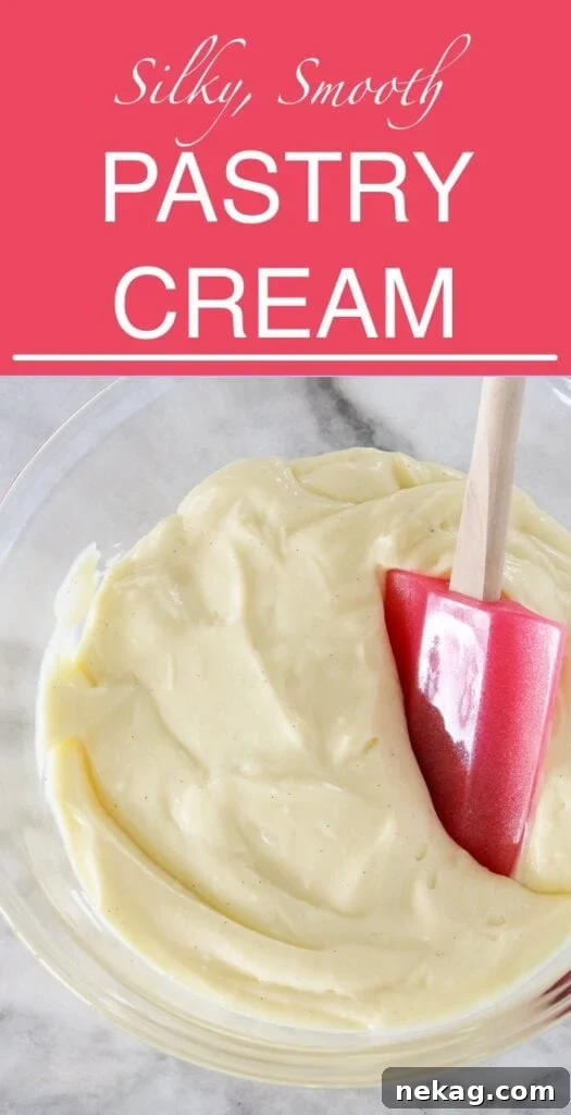 Beautifully smooth vanilla bean pastry cream, ready to be used in desserts like tarts, éclairs, and cream puffs.