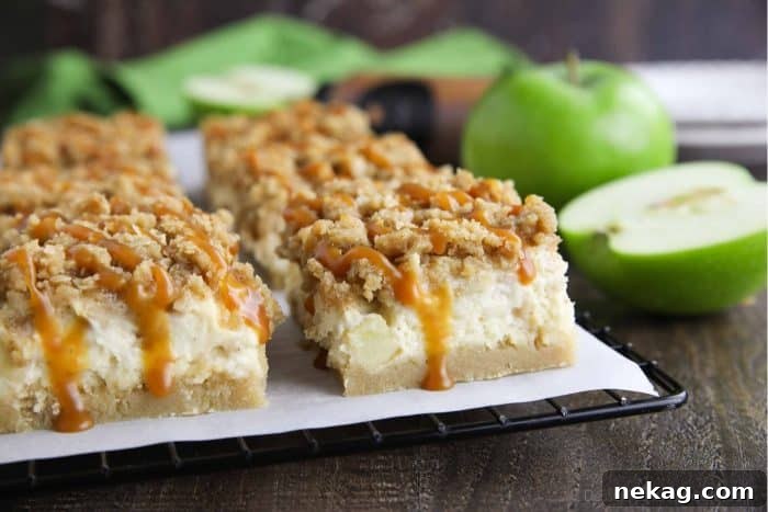Irresistible Caramel Apple Cheesecake Bars 3 Close up of a single Caramel Apple Cheesecake Bar, showcasing the distinct layers and rich caramel drizzle.