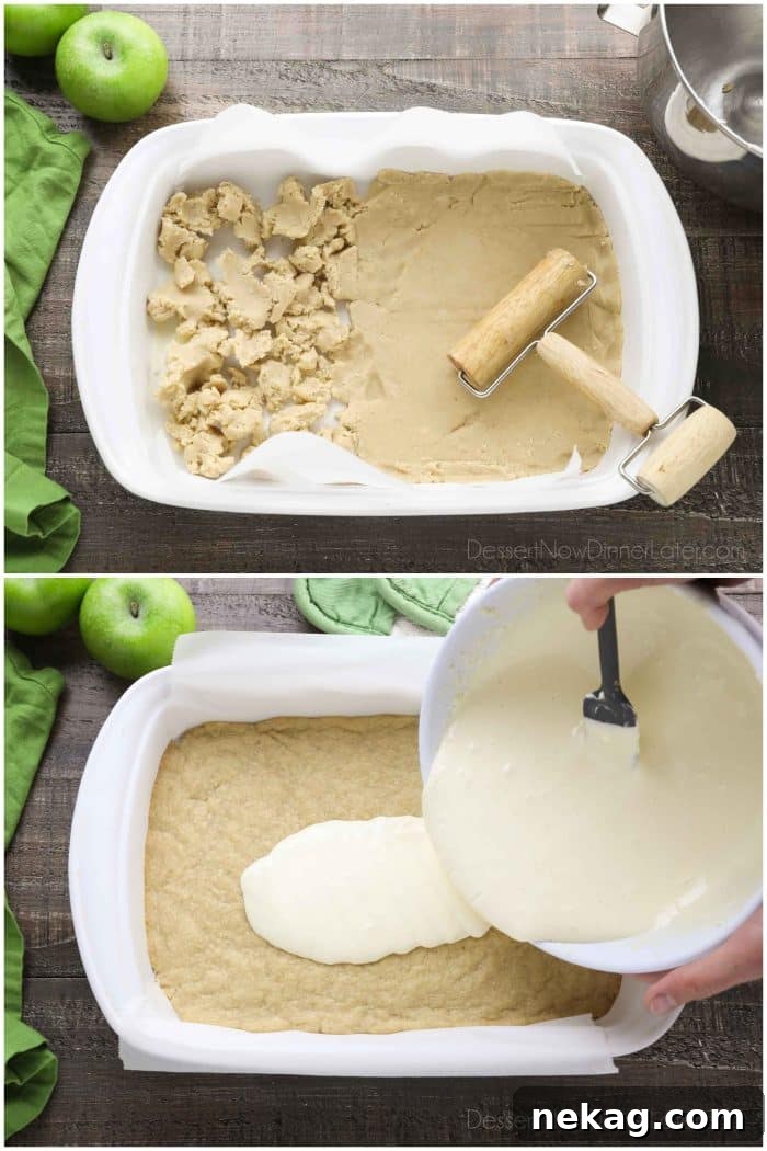 Irresistible Caramel Apple Cheesecake Bars 4 Collage Photo showing the process of making Caramel Apple Cheesecake Bars: Rolling crust into pan (top) and pouring cheesecake mixture onto cooked crust (bottom).
