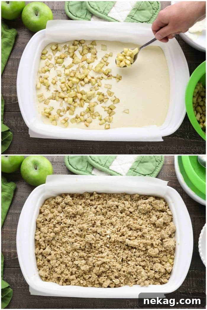 Irresistible Caramel Apple Cheesecake Bars 5 Collage Photo showing the process of making Caramel Apple Cheesecake Bars: Dolloping diced apples with a spoon into cheesecake batter (top) and sprinkling streusel topping (bottom).