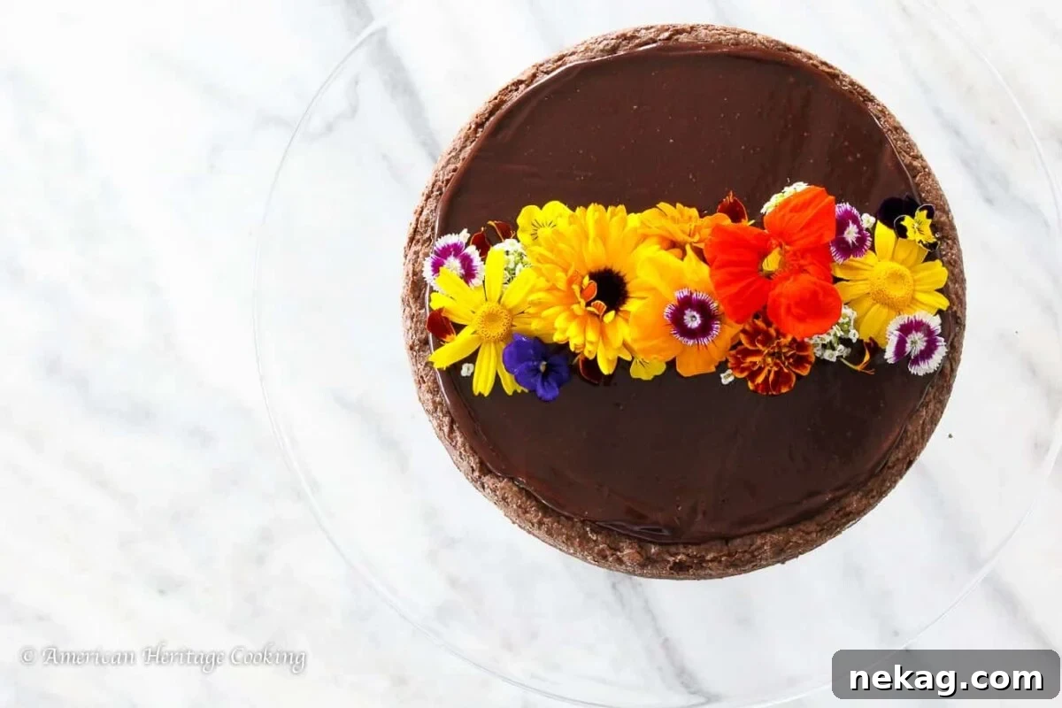 Pure Chocolate Indulgence 4 Flourless chocolate torte on a white marble countertop.