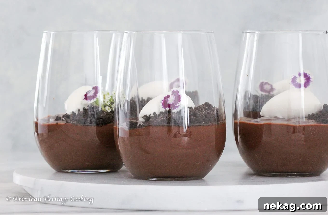 Rich Velvety Chocolate Pudding 4 A close-up shot of a rich, creamy dark chocolate pudding in a clear glass, showing its perfect texture.