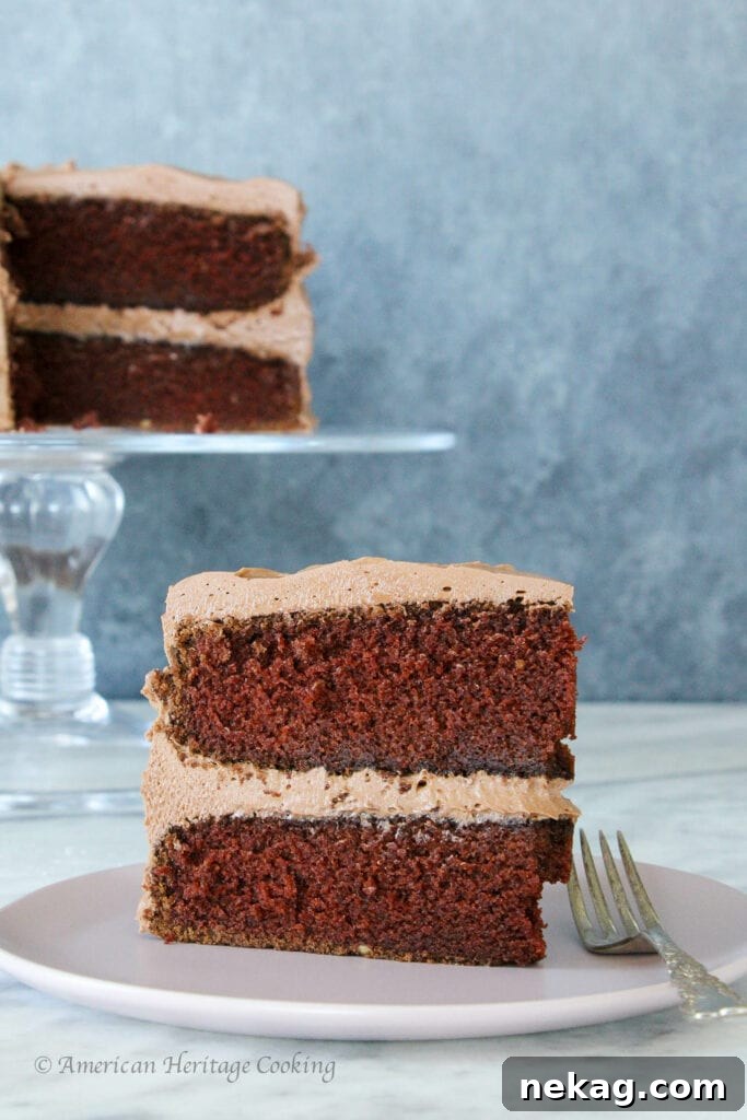 Velvet Chocolate Mayonnaise Cake 5 Close-up of a slice of Chocolate Mayonnaise Cake revealing its moist, fudgy texture and rich chocolate cream cheese frosting.